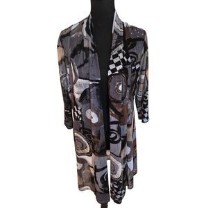 Whispers Womens Open Front Gray Black Print Mesh Cardigan Duster Top Large